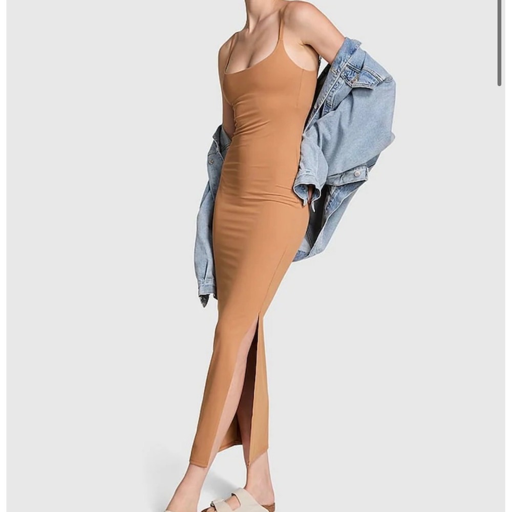 PINK Victoria's Secret Maxi Slip Dress Womens Medium Tan Camel‎ Bodycon Stretch